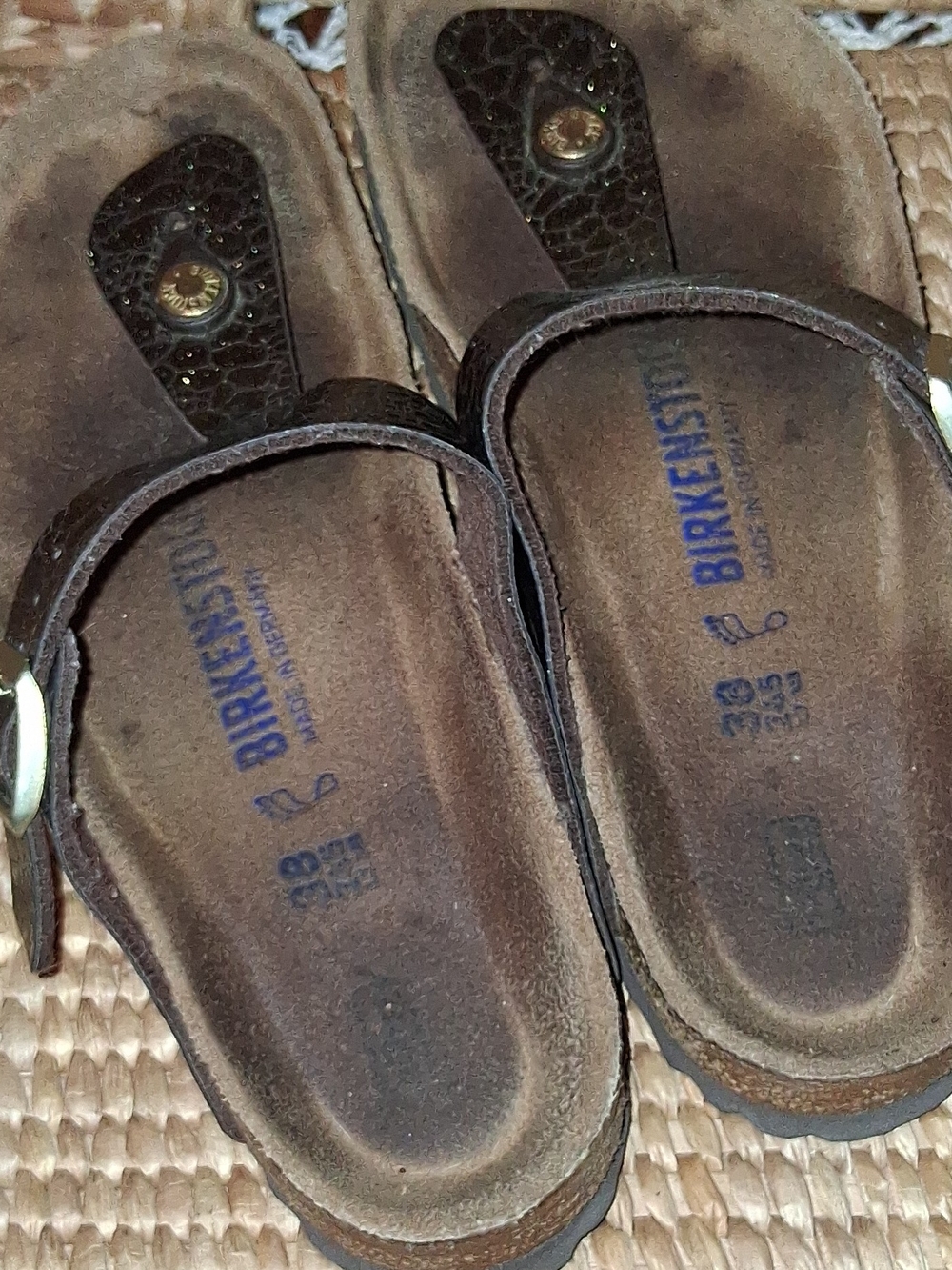 Birkenstock Brown Leather Thong Sandals with Metallic Buckle